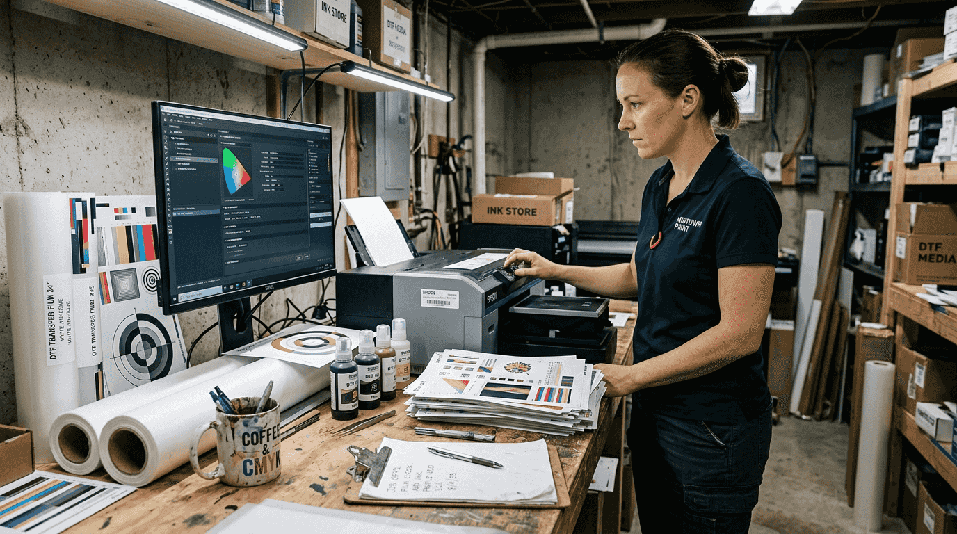 Print technician setting up DTF printer workspace