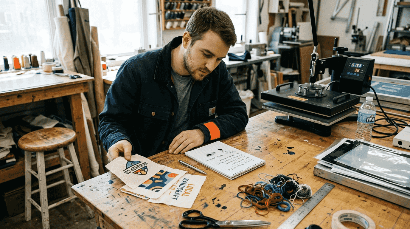 Owner compares different embroidery transfer samples