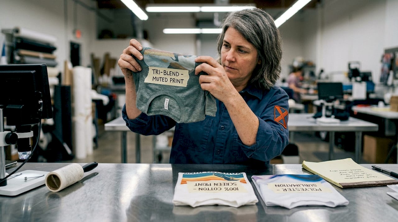 Technician comparing printed t-shirt samples