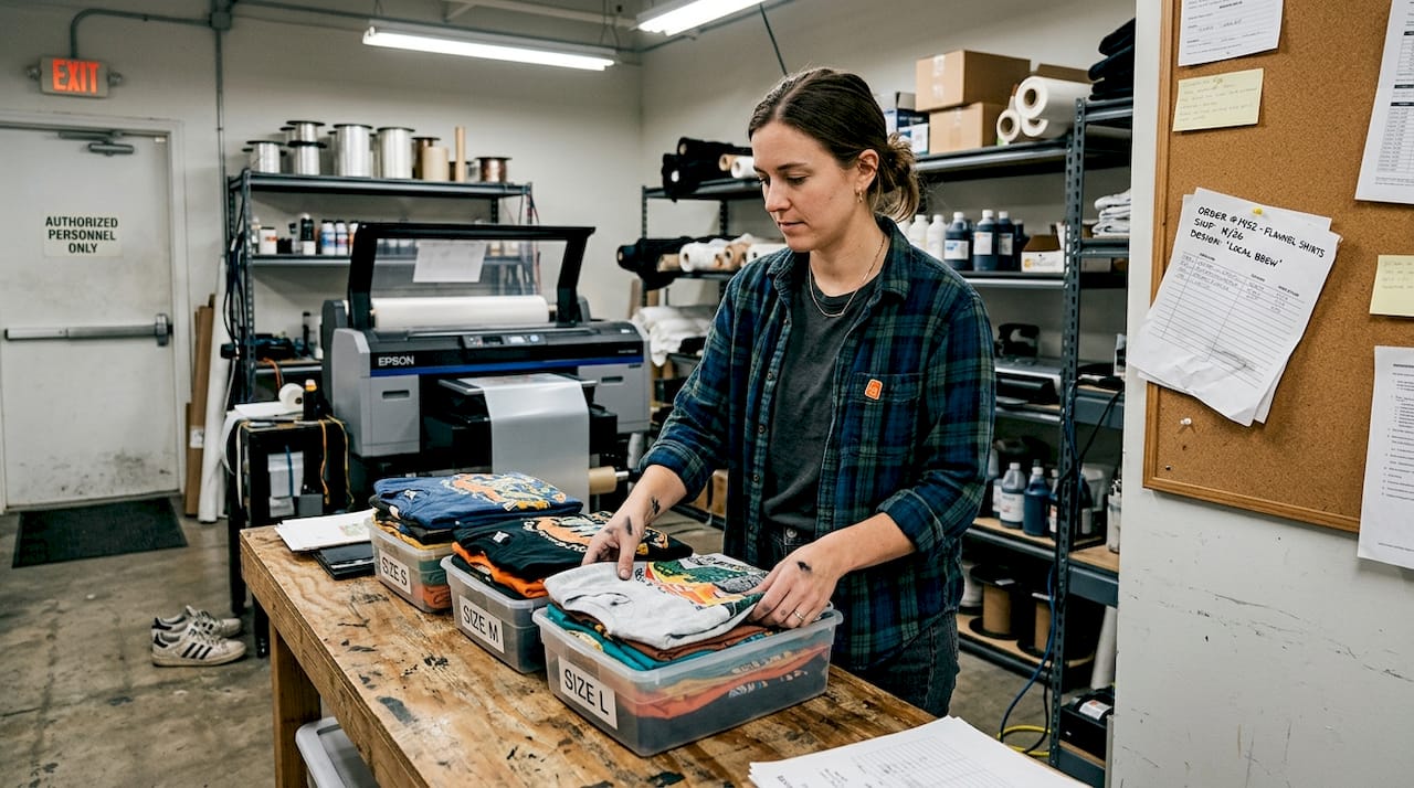 Worker sorting shirts in functional print shop