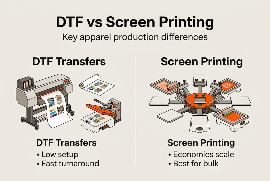 Infographic comparing DTF and screen printing