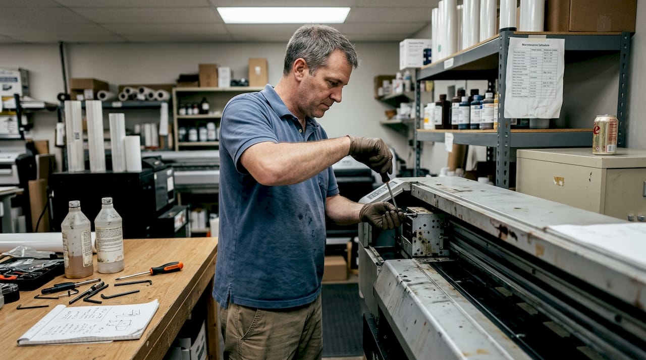 Technician maintaining DTF printer in workshop