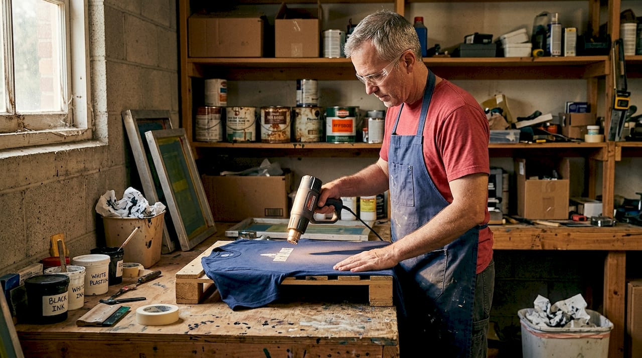 Man curing t-shirt with heat gun in garage