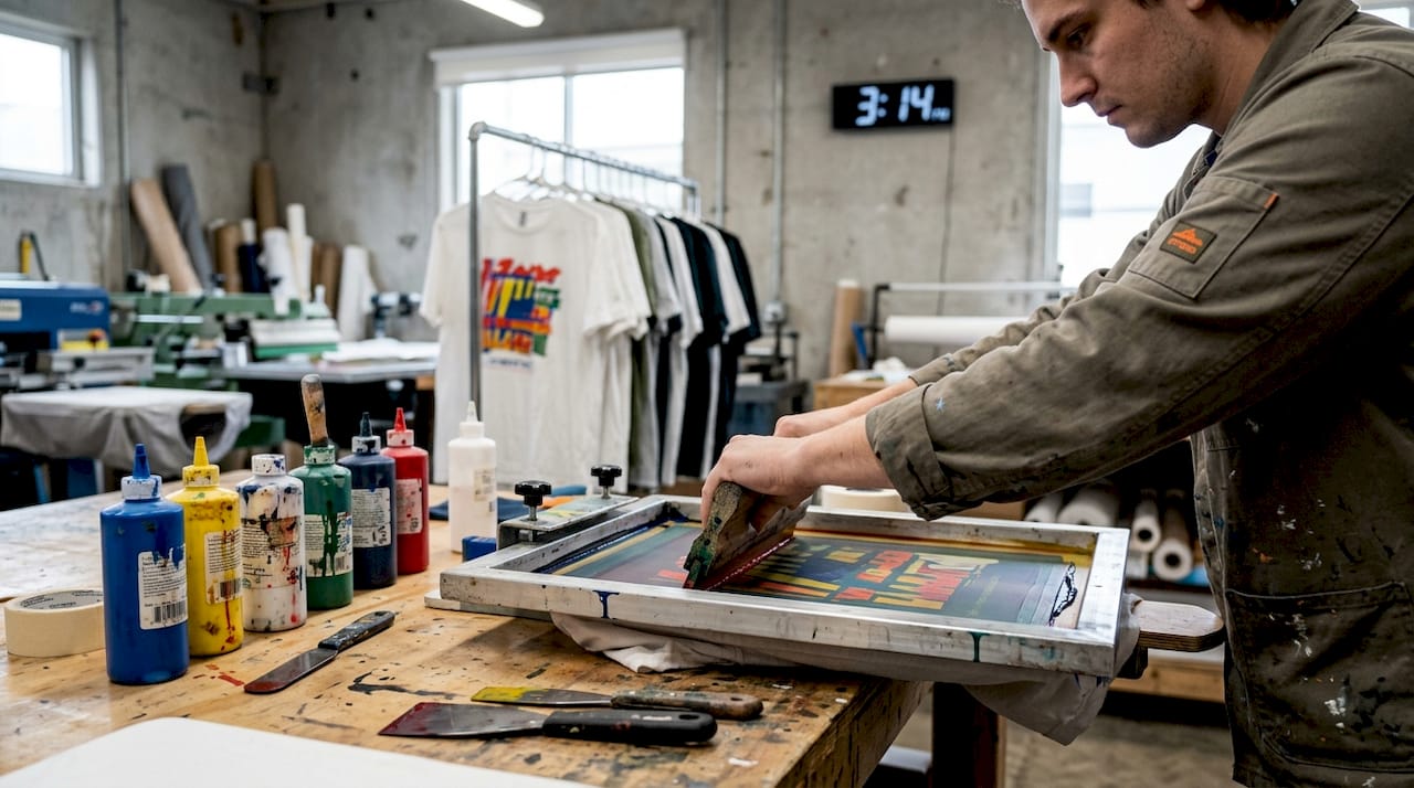 Technician screen printing t-shirt in workshop