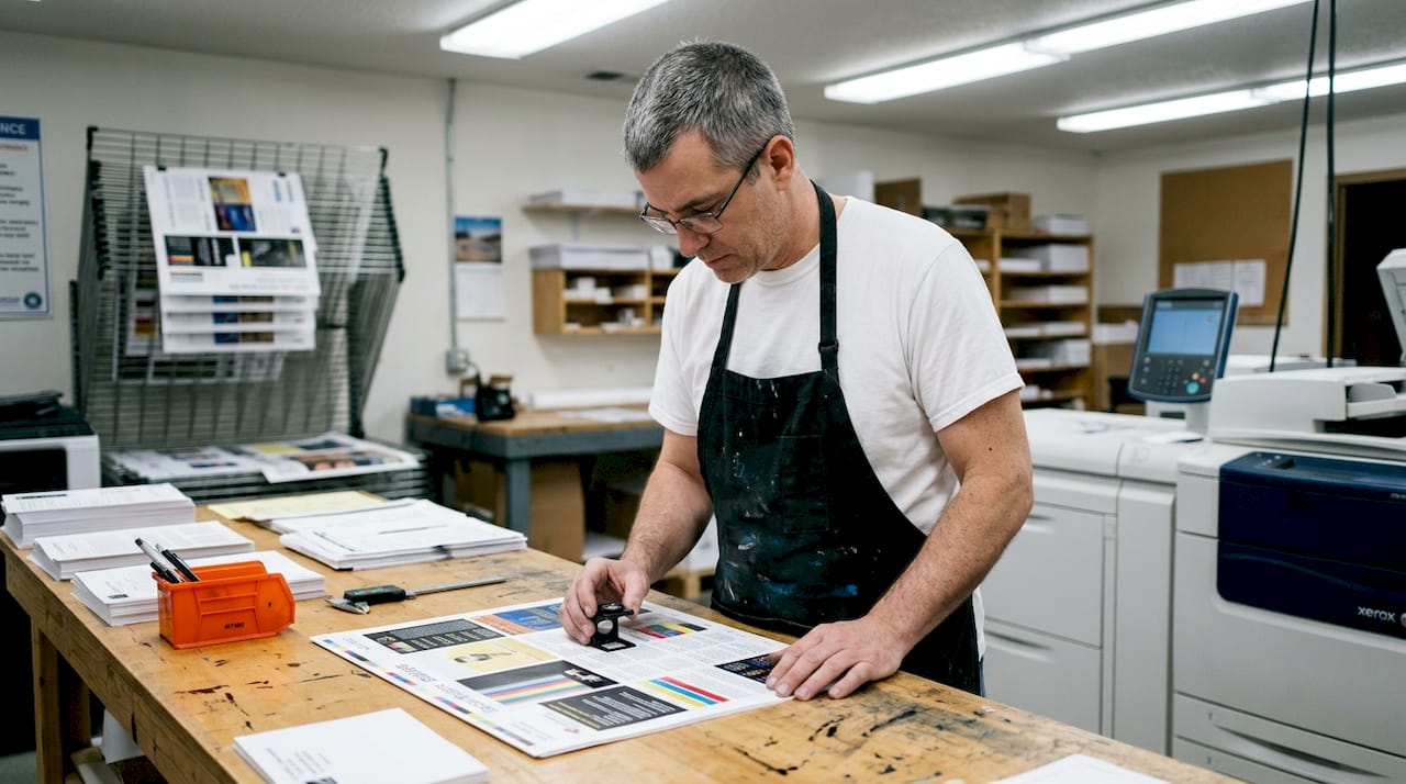 Technician inspecting printed gang sheet for errors