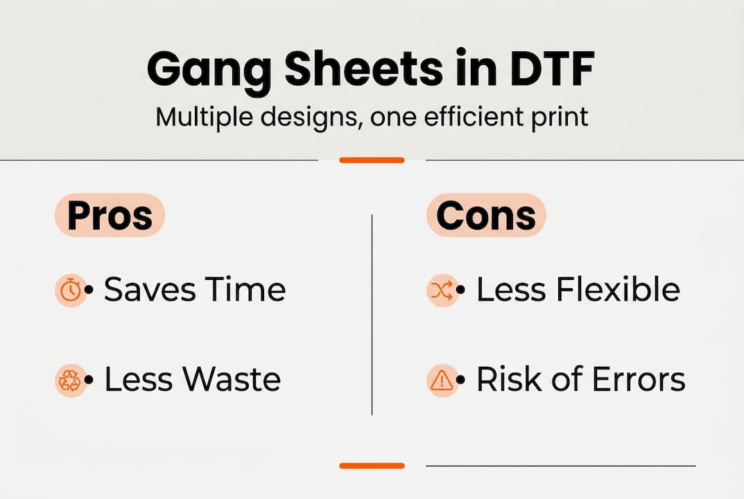 Infographic showing DTF gang sheet pros and cons
