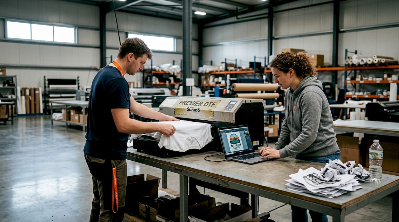 Technicians printing custom t-shirt design