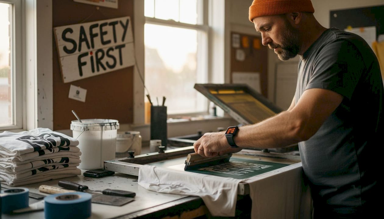 Worker performing screen printing on t-shirt