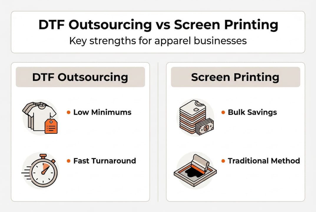 Infographic comparing DTF outsourcing and screen printing