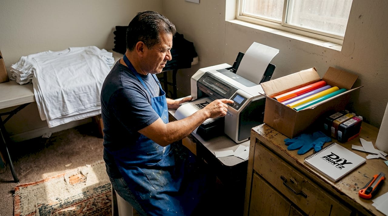 Technician operating in-house DTF printing studio