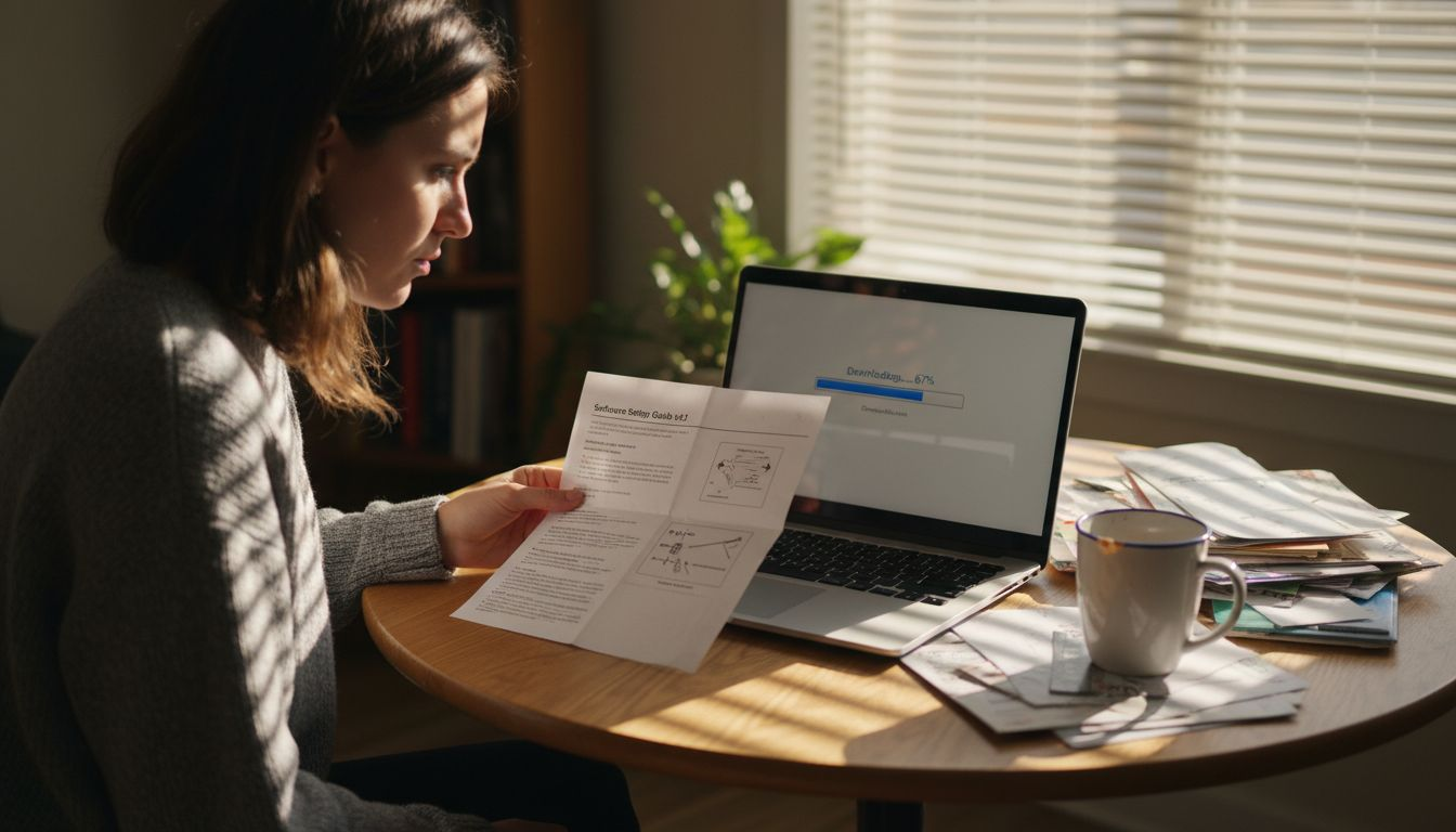 Woman installing alternative software at kitchen table