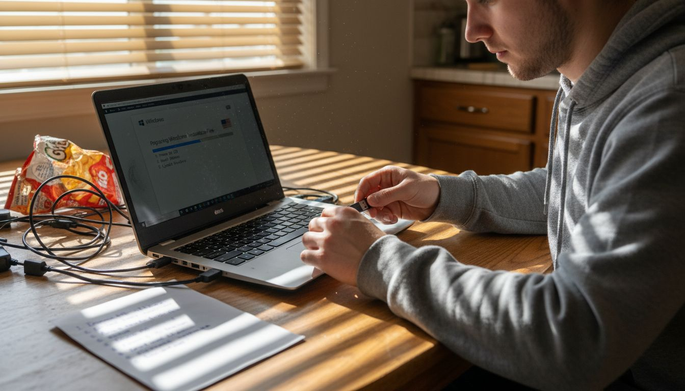Technician preparing USB Windows installer at home