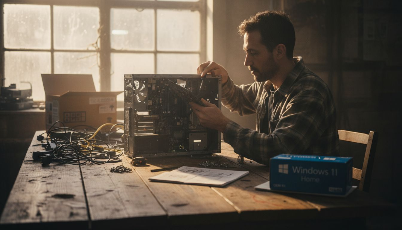 Technician installing computer hardware with OEM license