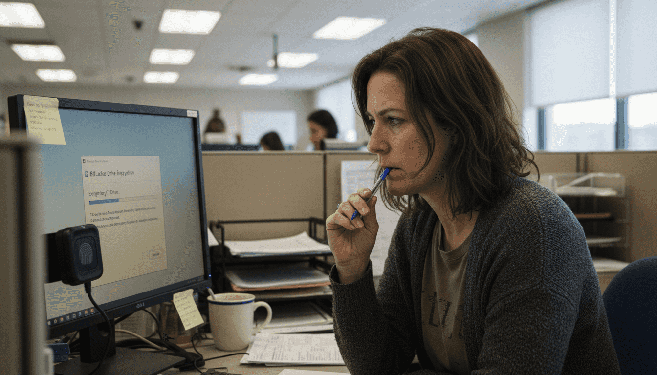 Employee activating BitLocker encryption on PC