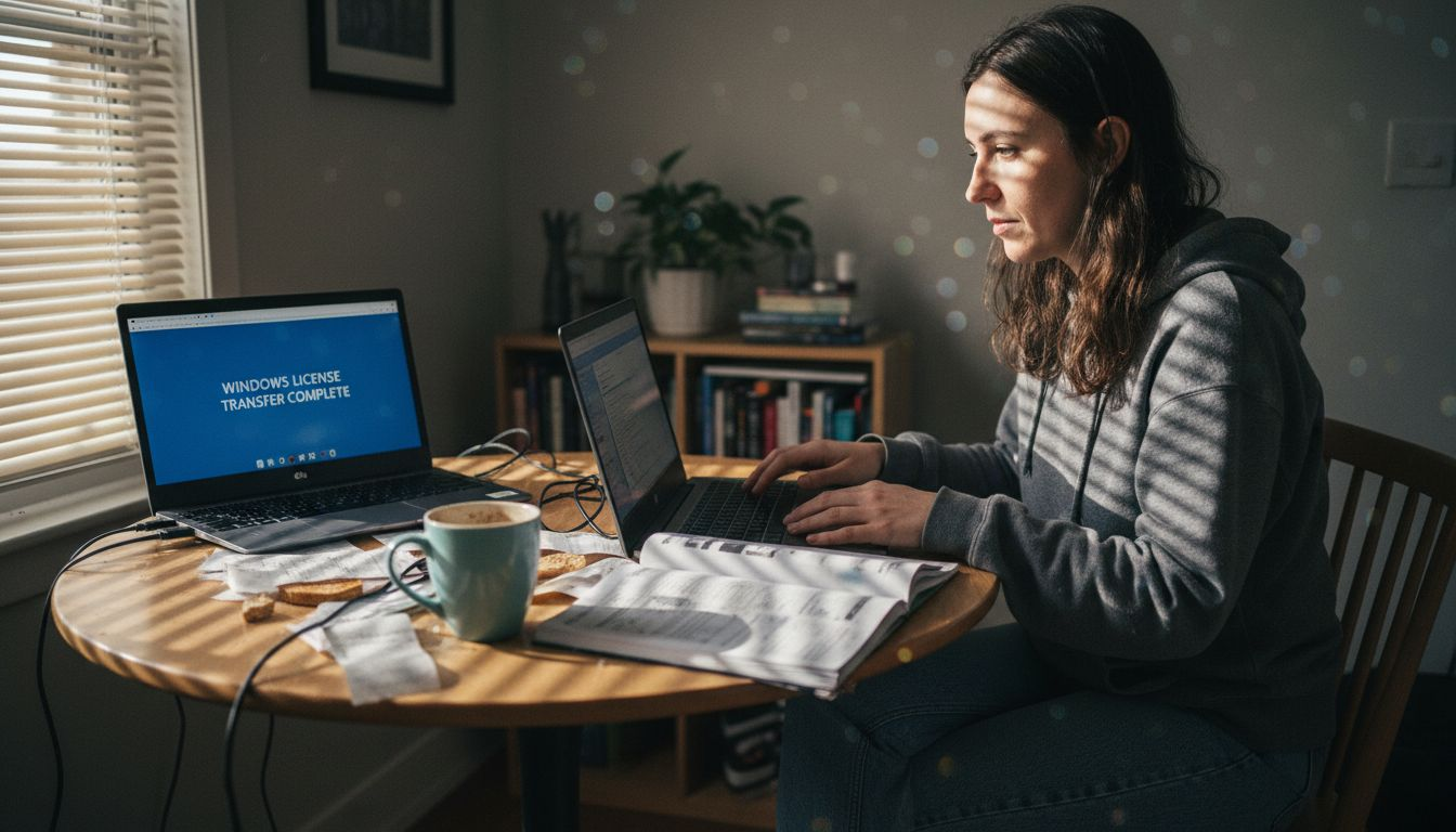Woman transferring Windows license at dining table