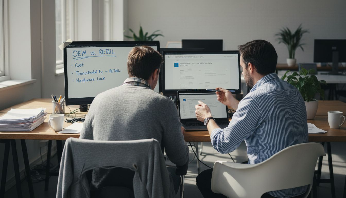 Coworkers comparing Microsoft license types