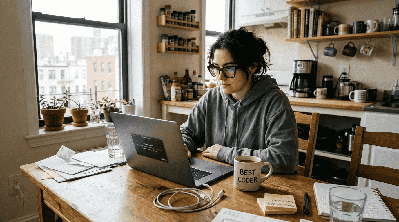 Person updating laptop in casual home setting