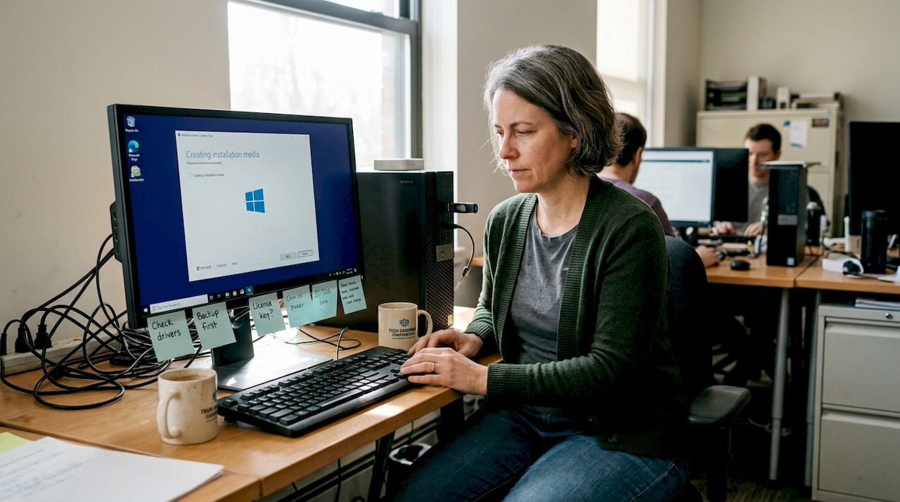 Woman running Media Creation Tool in workspace