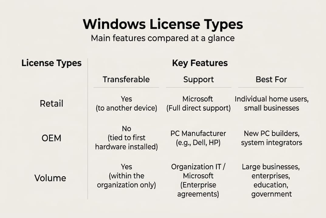 Infographic comparing Windows license types and features