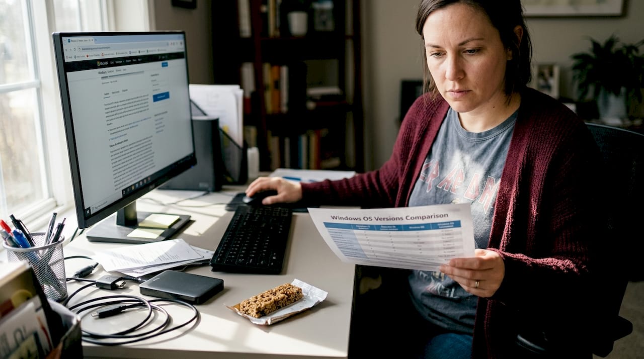 Woman compares Windows OS versions at home office