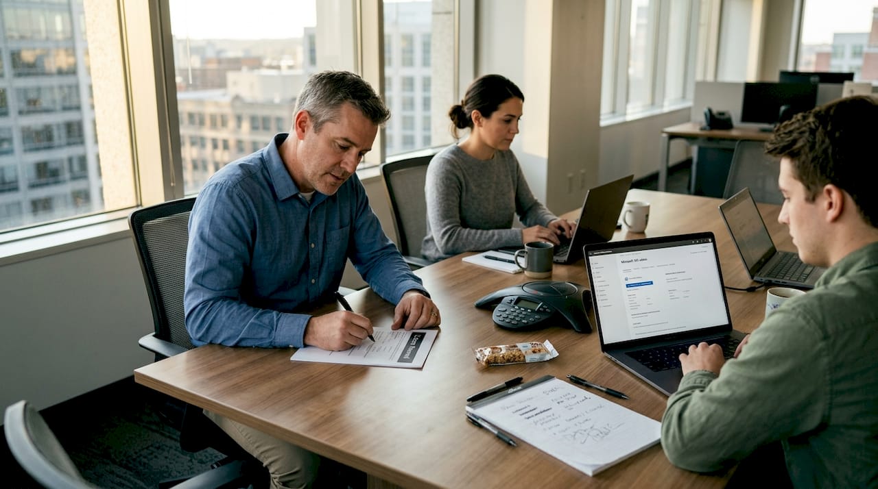 Team meeting about subscription software in conference room