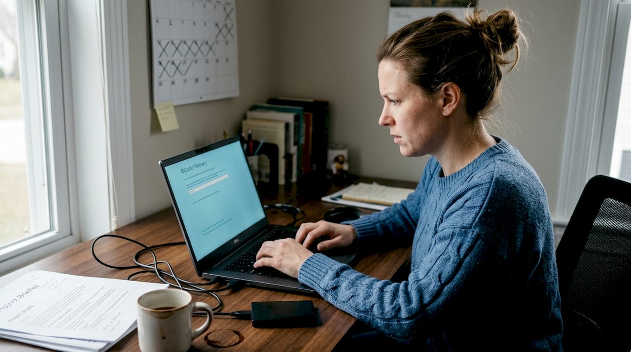 User with BitLocker recovery screen in home office