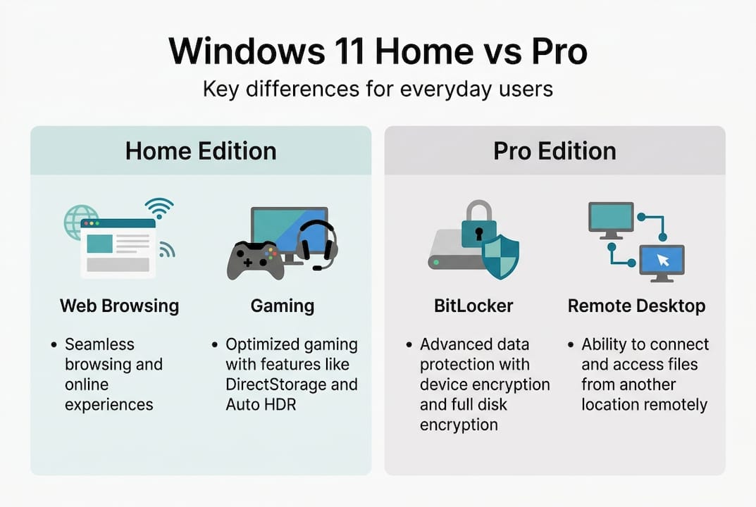Infographic showing key Windows 11 Home vs Pro features