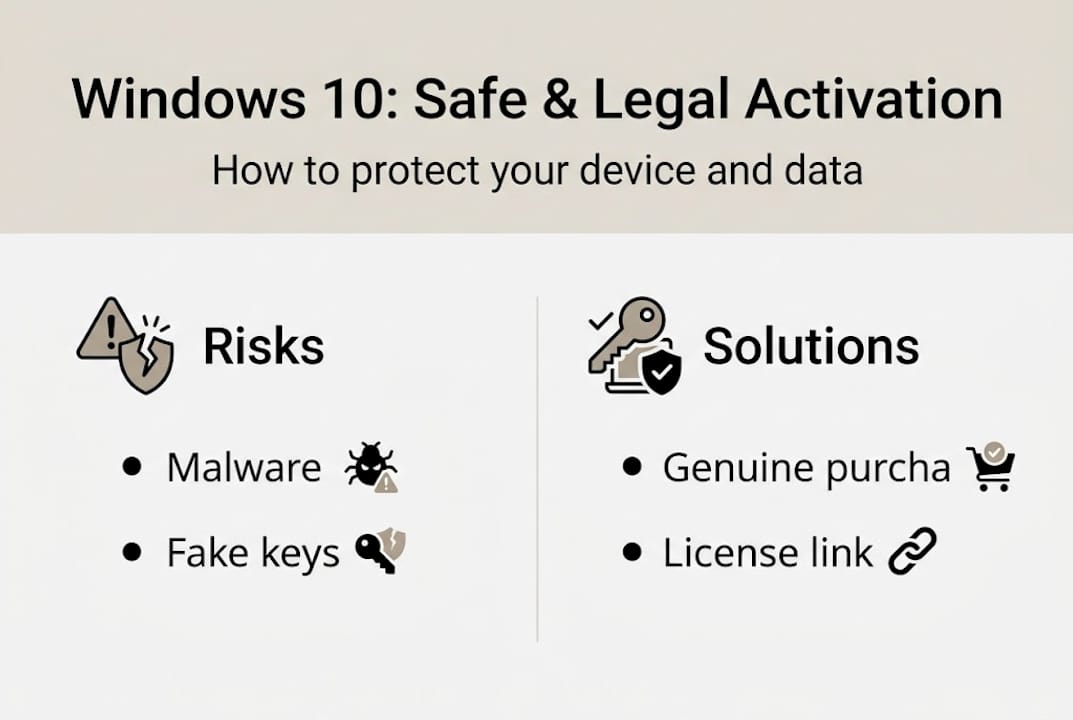 Infographic detailing Windows 10 risks and safe solutions