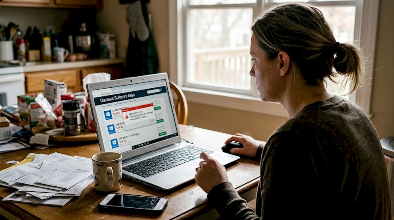 Woman hesitates buying risky Windows license online