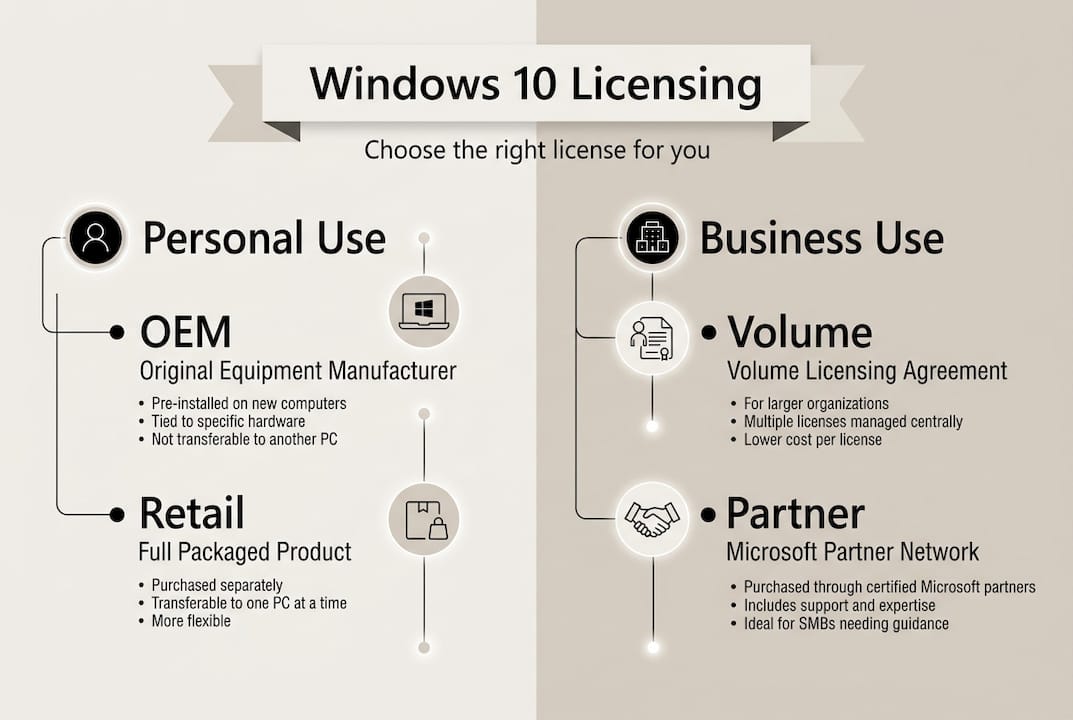 Infographic comparing Windows 10 license types