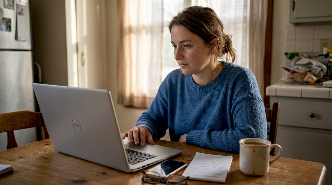 Woman checking Windows digital license at kitchen table