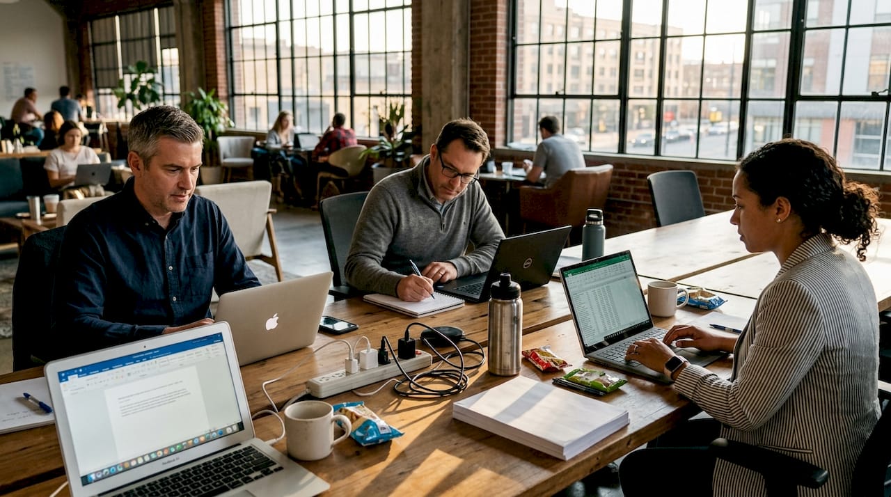 Coworkers using Microsoft 365 in shared office