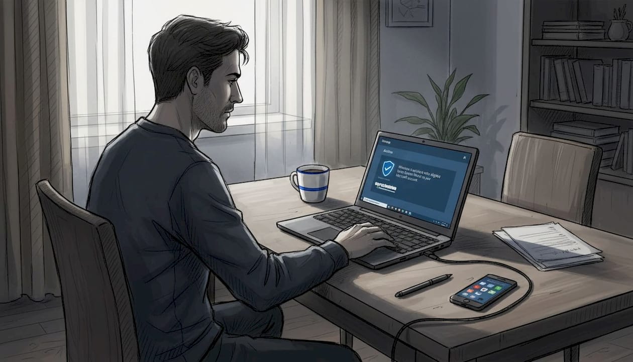 Man reviews Windows 10 activation on laptop at home