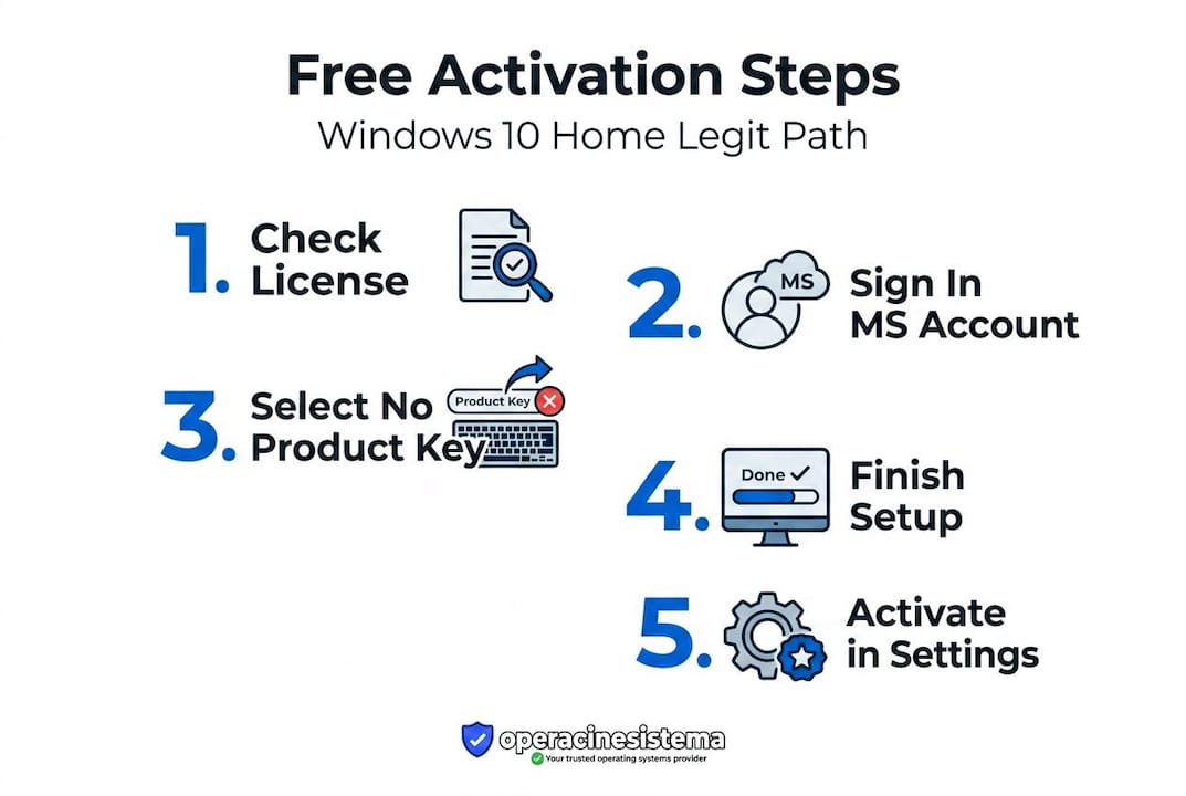 Infographic showing 5 steps to activate Windows 10 Home