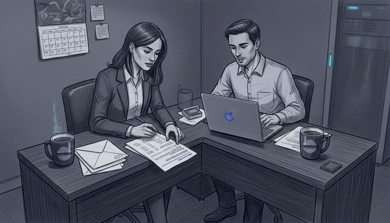 IT staff verifying OS license paperwork and laptop