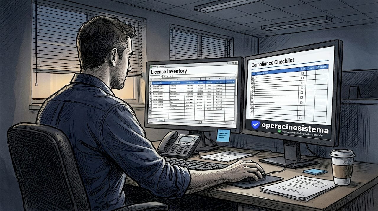 IT manager checks license compliance spreadsheet