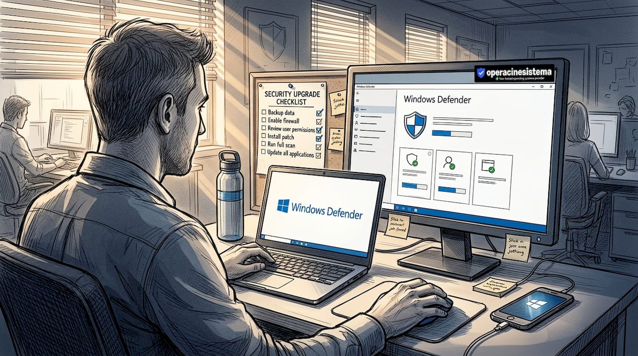Man checking Windows security settings at desk
