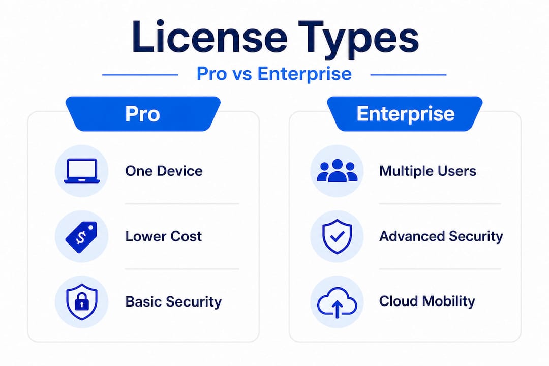 Infographic comparing Windows Pro and Enterprise license types