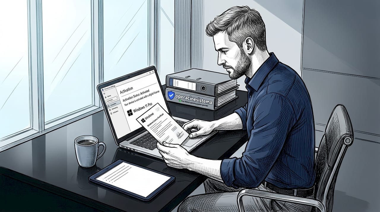 IT professional checking Windows license at desk