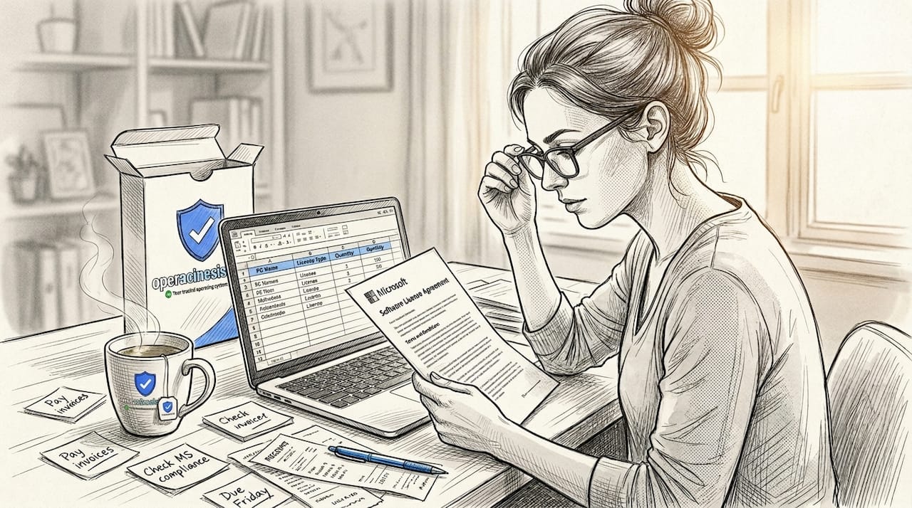 Small business owner checks software license at desk