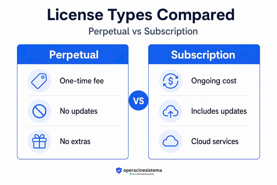 Infographic comparing perpetual and subscription software licenses