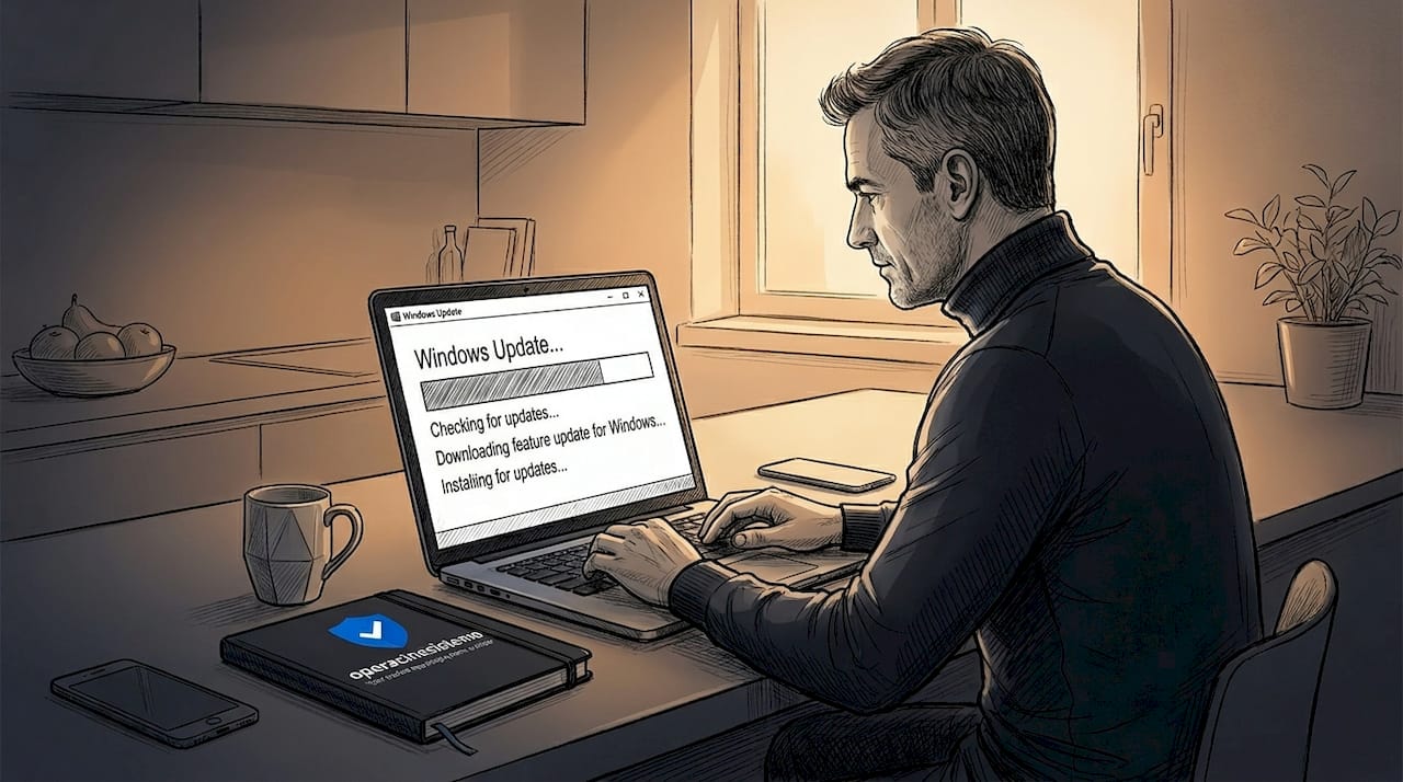 Man checking Windows Update progress on laptop