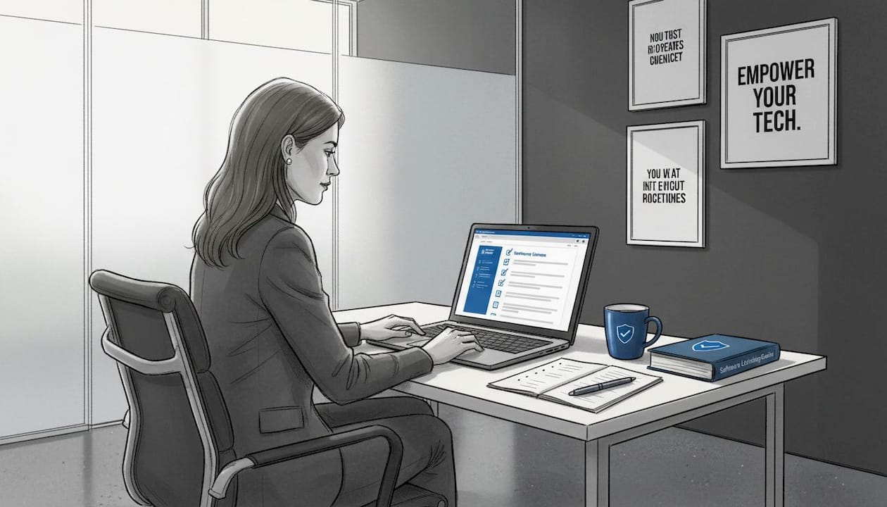 Business owner reviewing software licenses on computer
