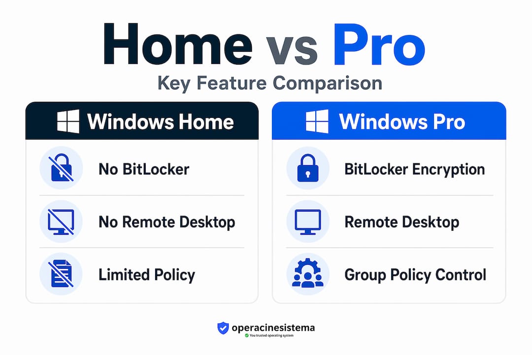 Infographic comparing Windows Home and Pro features