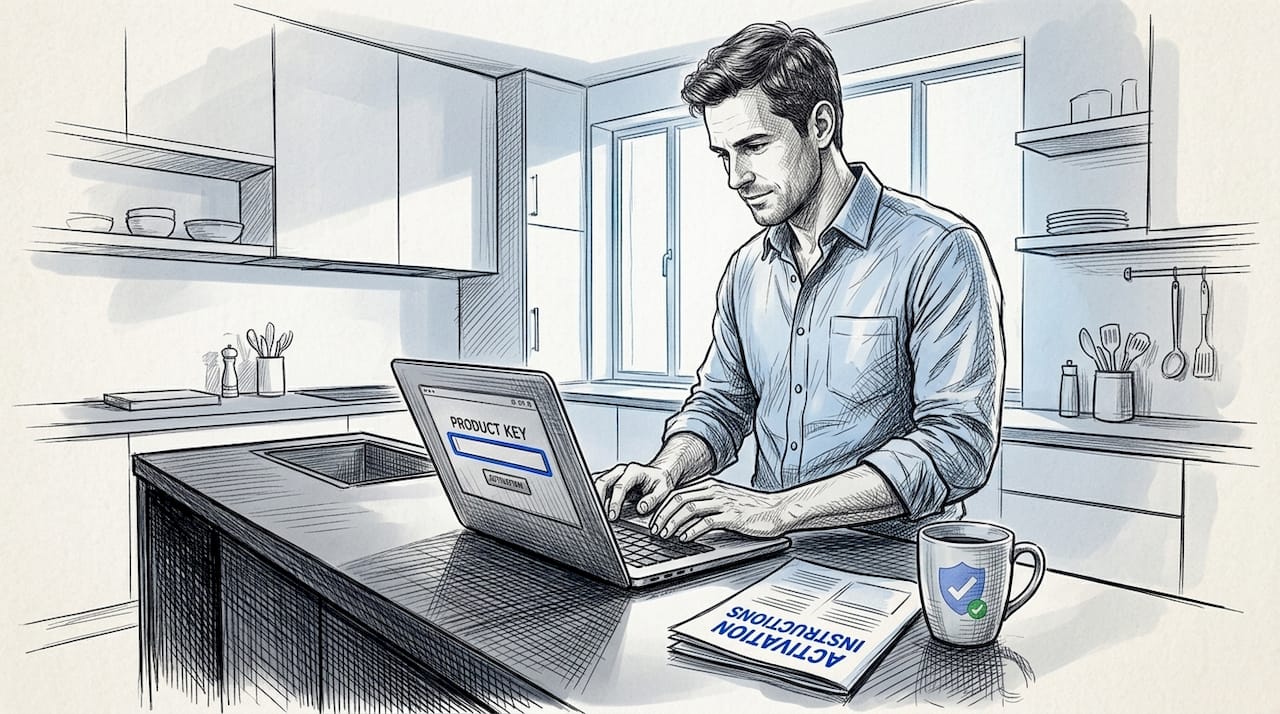 Man typing product key at dining table