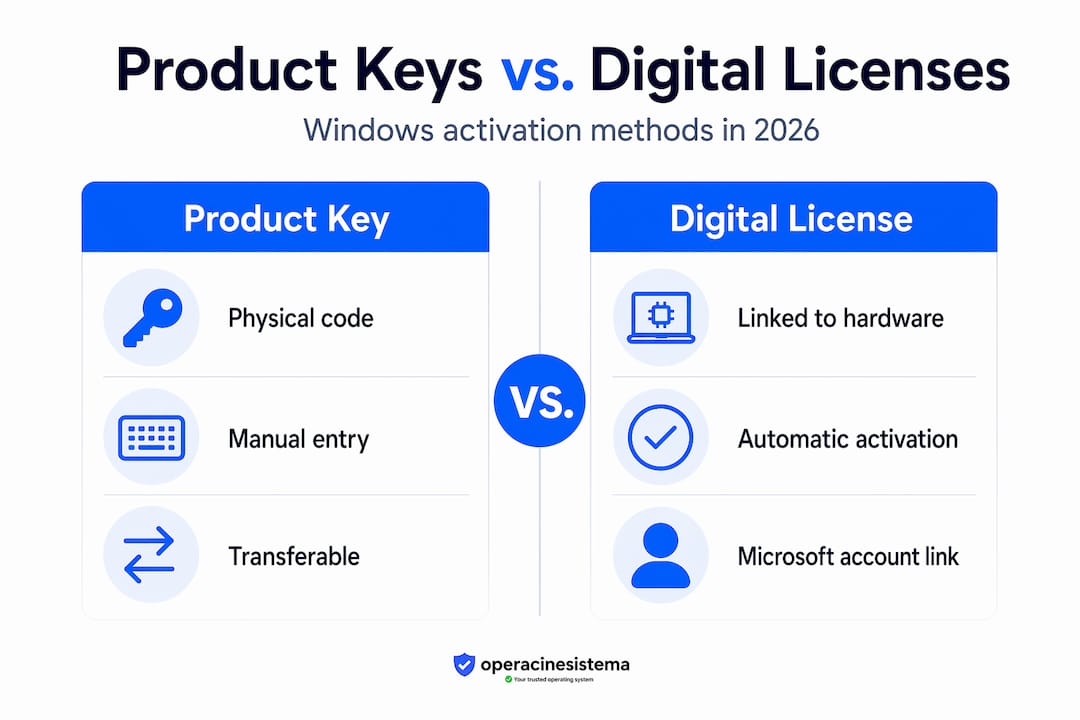 Infographic comparing product key and digital license