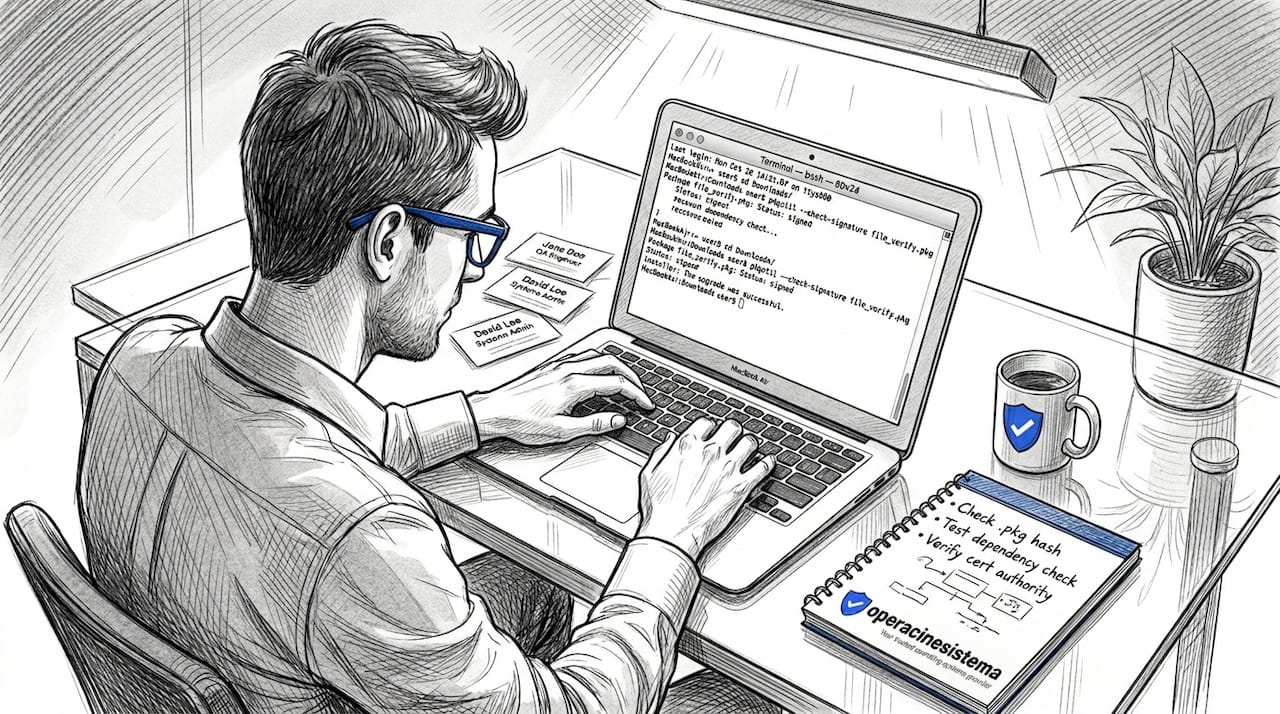 Person verifying macOS package authenticity at kitchen desk