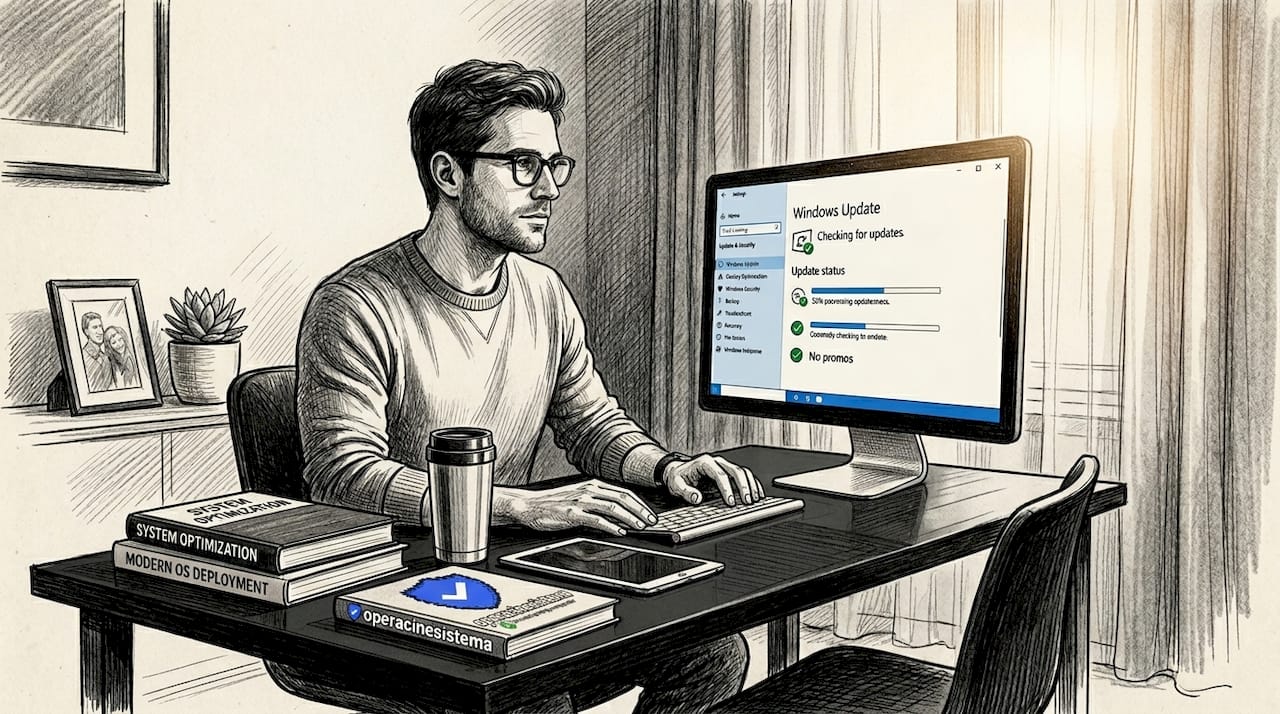 Man reviewing Windows Update status in home office