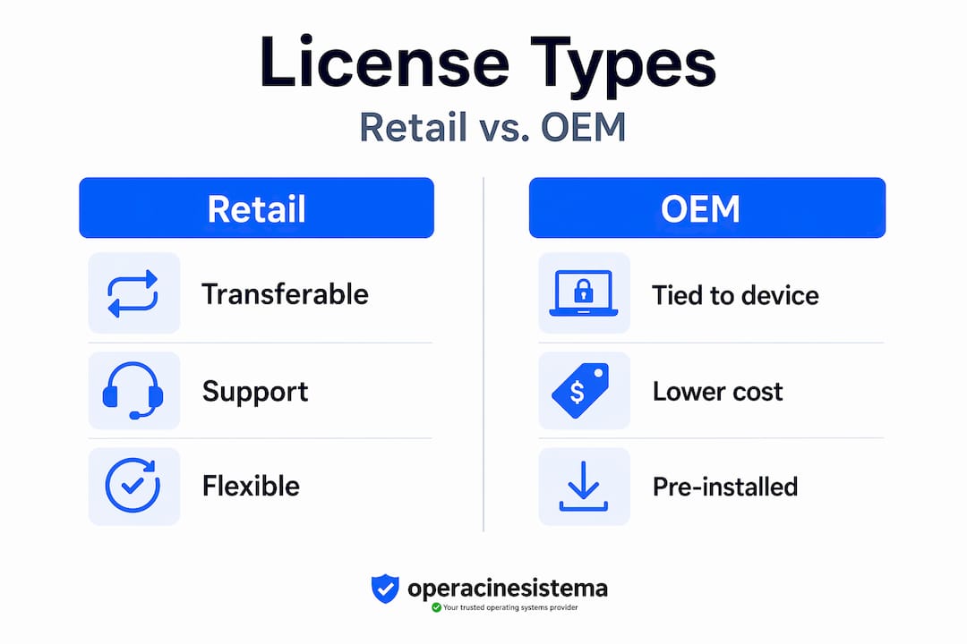 Infographic comparing retail vs OEM Windows licenses