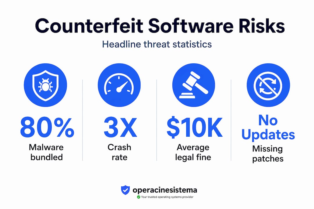 Infographic showing key statistics about counterfeit software risks